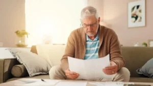 Man at home searching through a deceased person's documents for a Will before arranging Missing Will Insurance